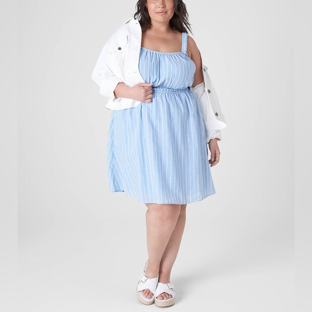 Lane Bryant Ruched-Strap Double Elastic-Waist Dress Blue and White Stripe EUC